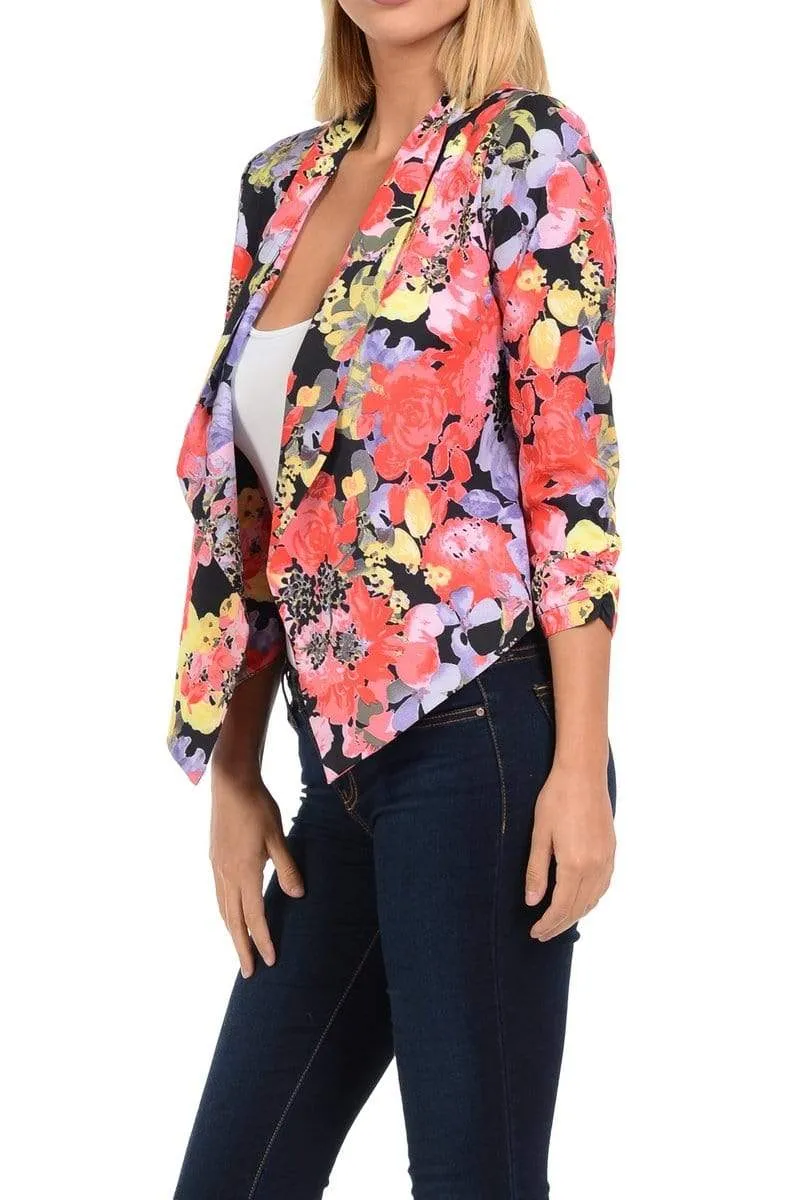 Auliné Collection Womens Casual Lightweight 3/4 Sleeve Fitted Open Blazer Floral Print Plus Size