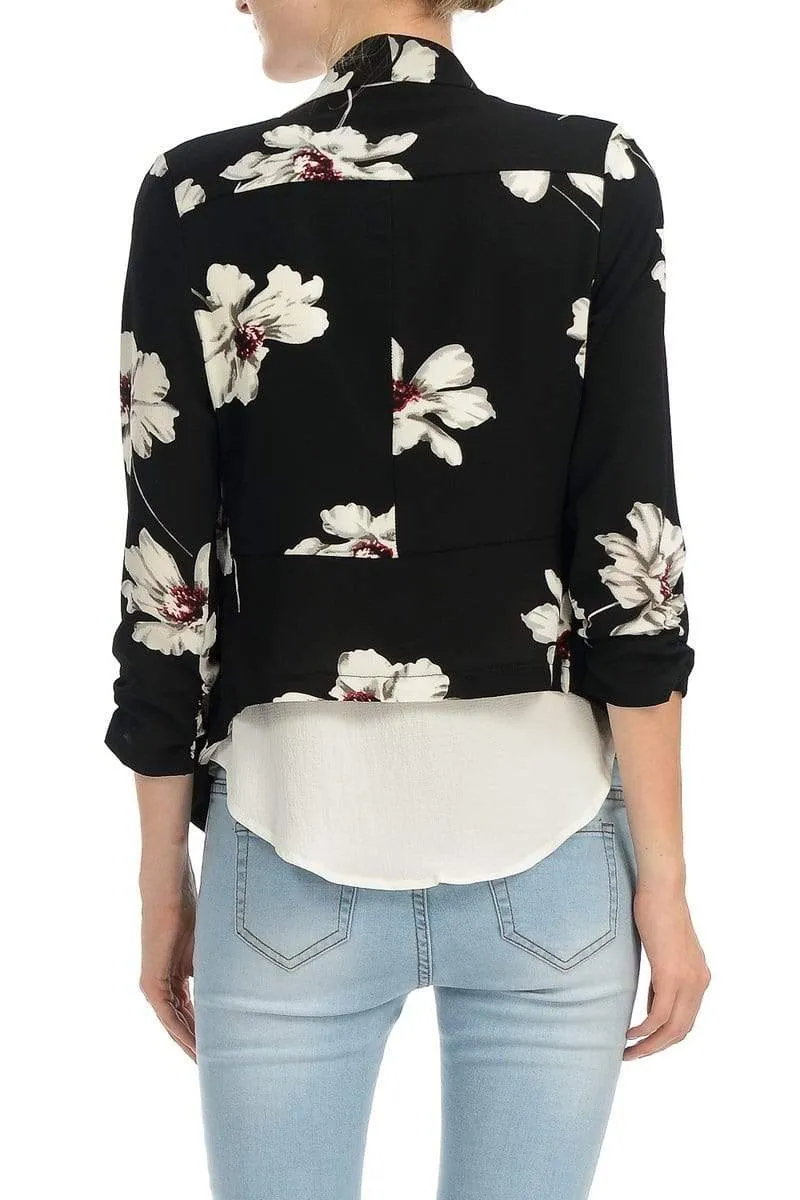 Auliné Collection Womens Casual Lightweight 3/4 Sleeve Fitted Open Blazer Floral Print Plus Size