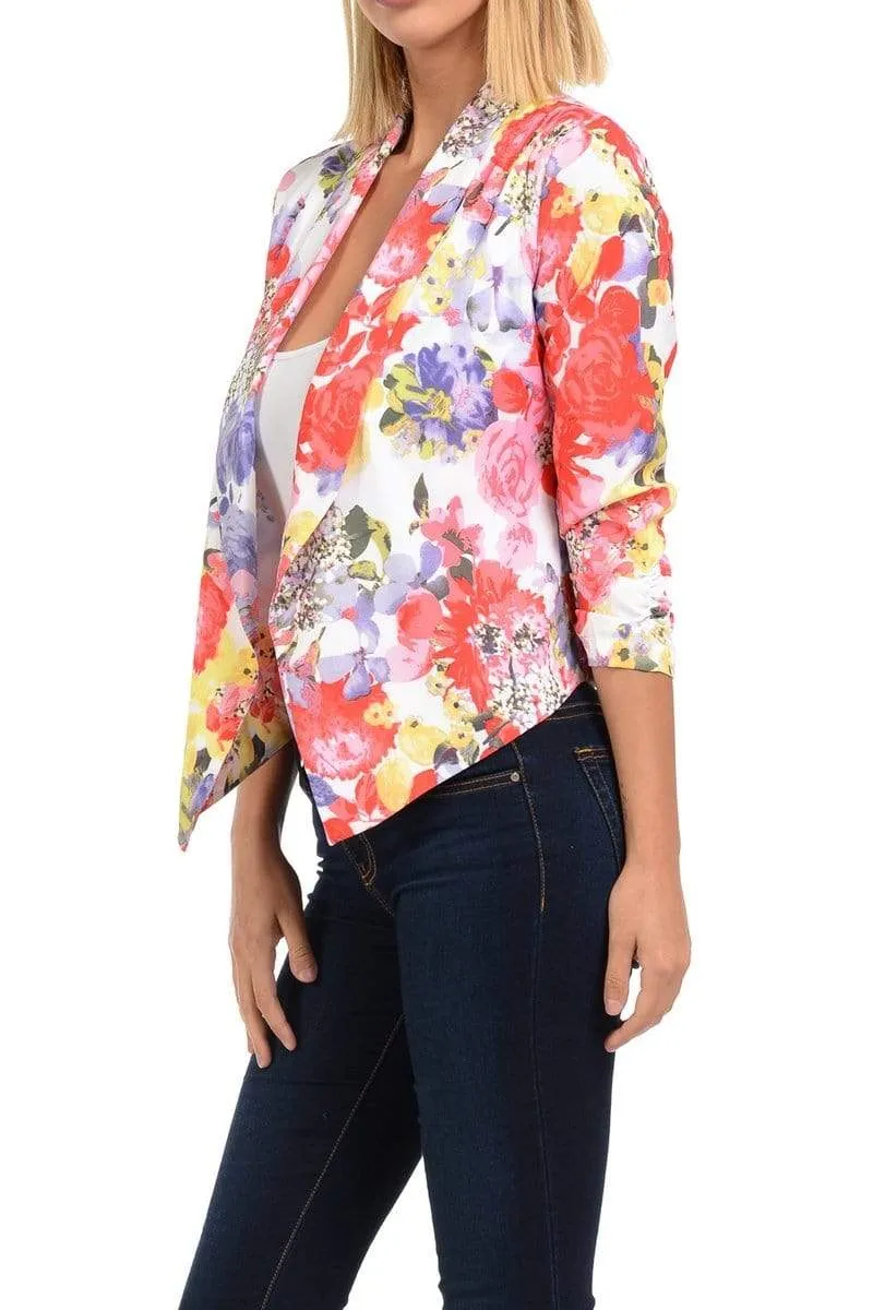 Auliné Collection Womens Casual Lightweight 3/4 Sleeve Fitted Open Blazer Floral Print Plus Size