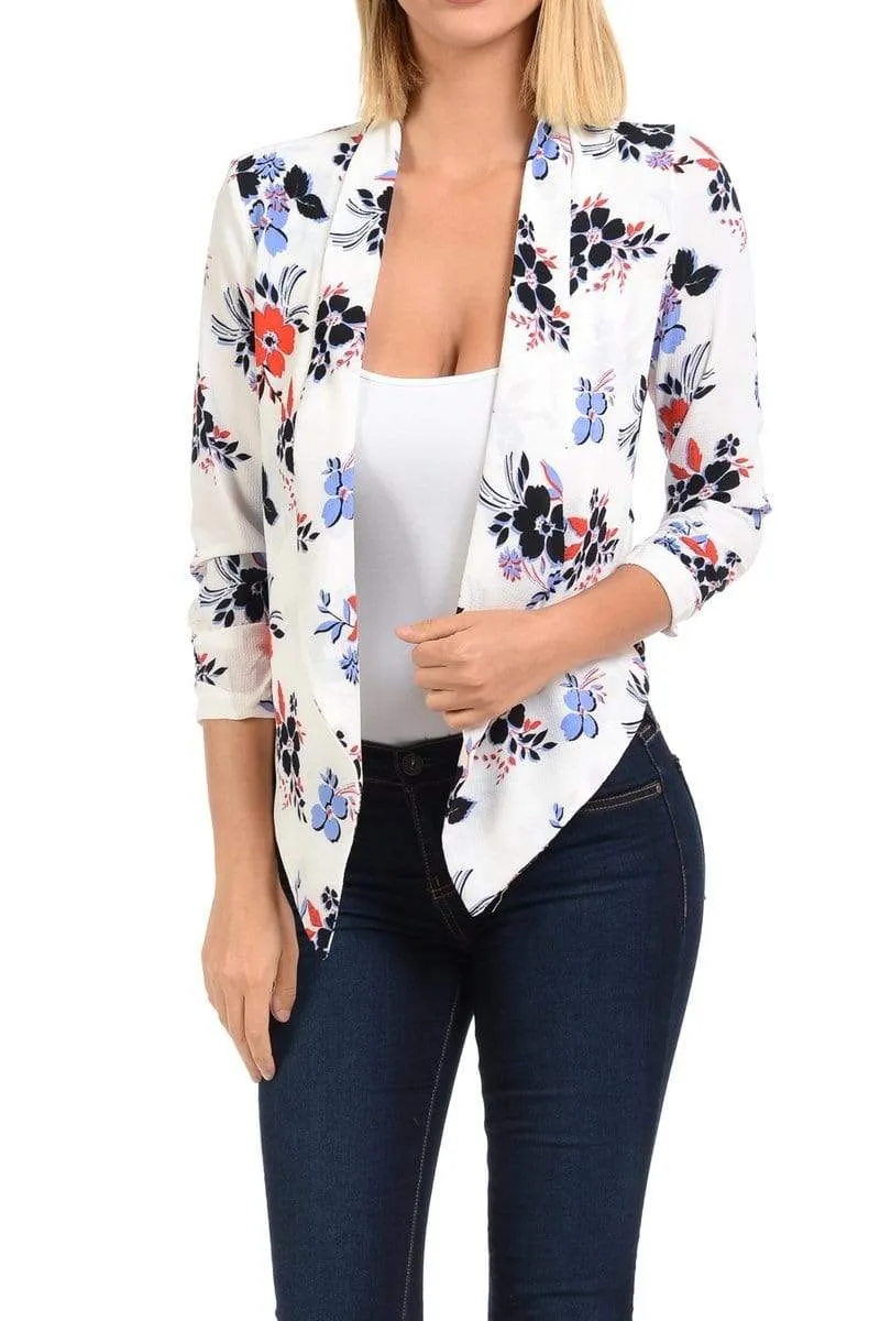Auliné Collection Womens Casual Lightweight 3/4 Sleeve Fitted Open Blazer Floral Print Plus Size