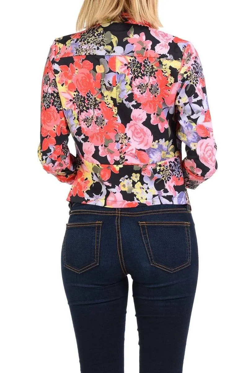 Auliné Collection Womens Casual Lightweight 3/4 Sleeve Fitted Open Blazer Floral Print Plus Size