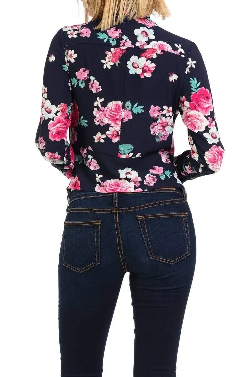 Auliné Collection Womens Casual Lightweight 3/4 Sleeve Fitted Open Blazer Floral Print Plus Size