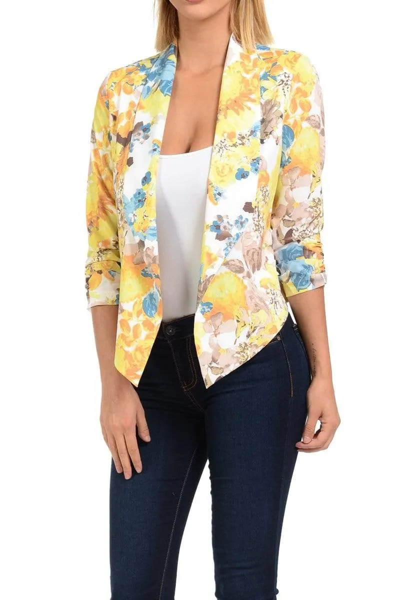 Auliné Collection Womens Casual Lightweight 3/4 Sleeve Fitted Open Blazer Floral Print Plus Size