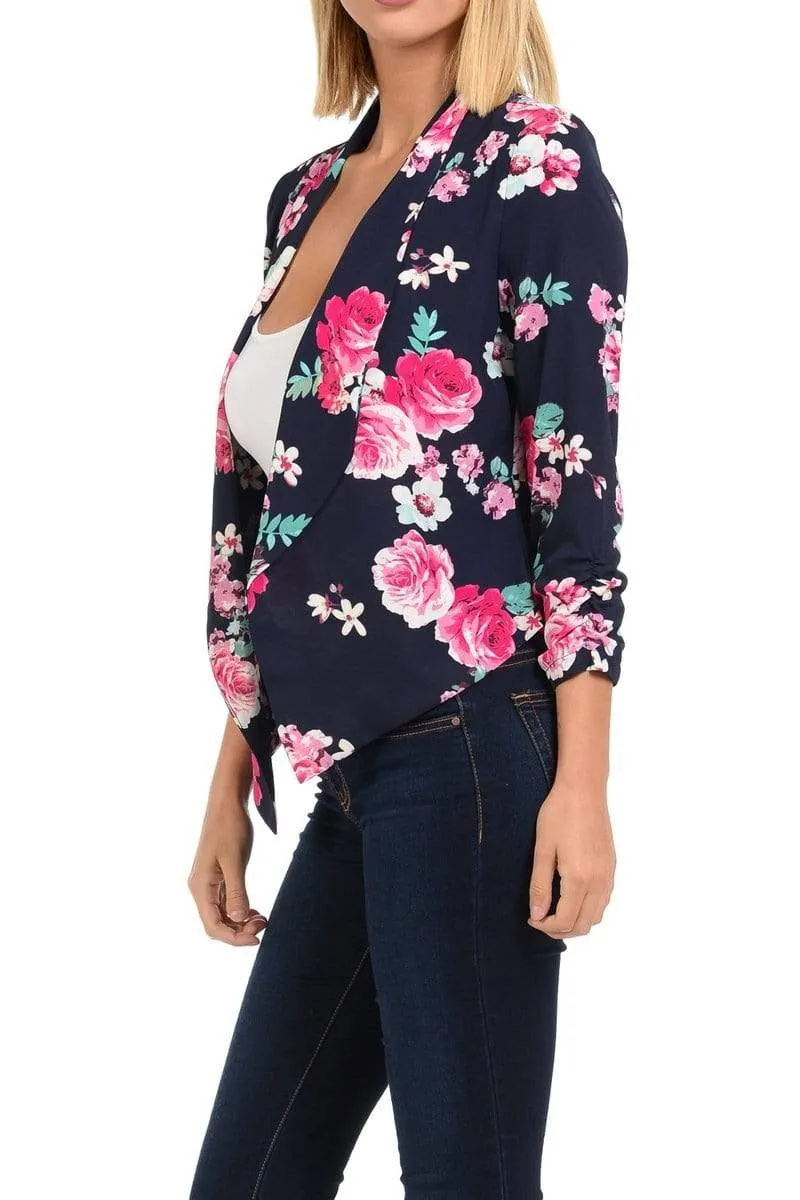 Auliné Collection Womens Casual Lightweight 3/4 Sleeve Fitted Open Blazer Floral Print Plus Size