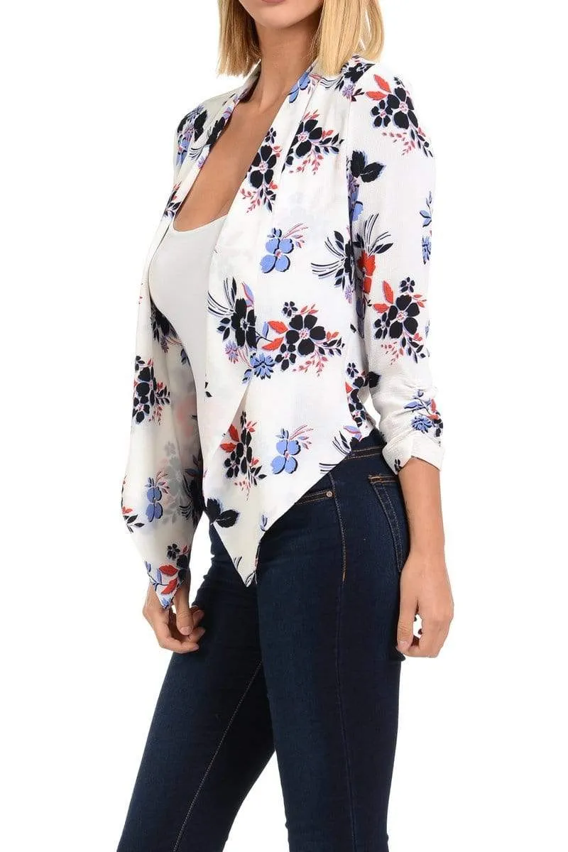 Auliné Collection Womens Casual Lightweight 3/4 Sleeve Fitted Open Blazer Floral Print Plus Size