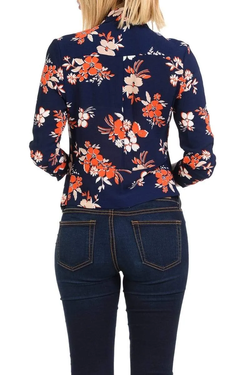 Auliné Collection Womens Casual Lightweight 3/4 Sleeve Fitted Open Blazer Floral Print Plus Size
