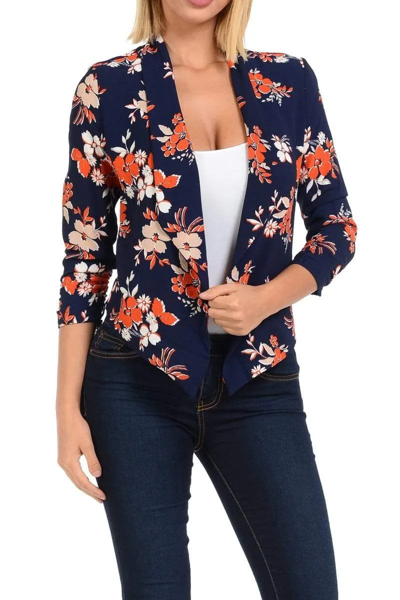 Auliné Collection Womens Casual Lightweight 3/4 Sleeve Fitted Open Blazer Floral Print Plus Size