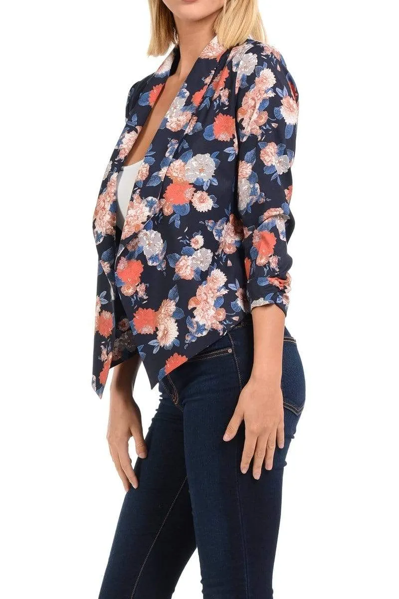 Auliné Collection Womens Casual Lightweight 3/4 Sleeve Fitted Open Blazer Floral Print Plus Size