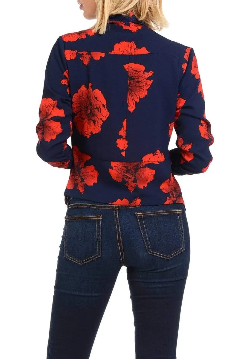 Auliné Collection Womens Casual Lightweight 3/4 Sleeve Fitted Open Blazer Floral Print Plus Size