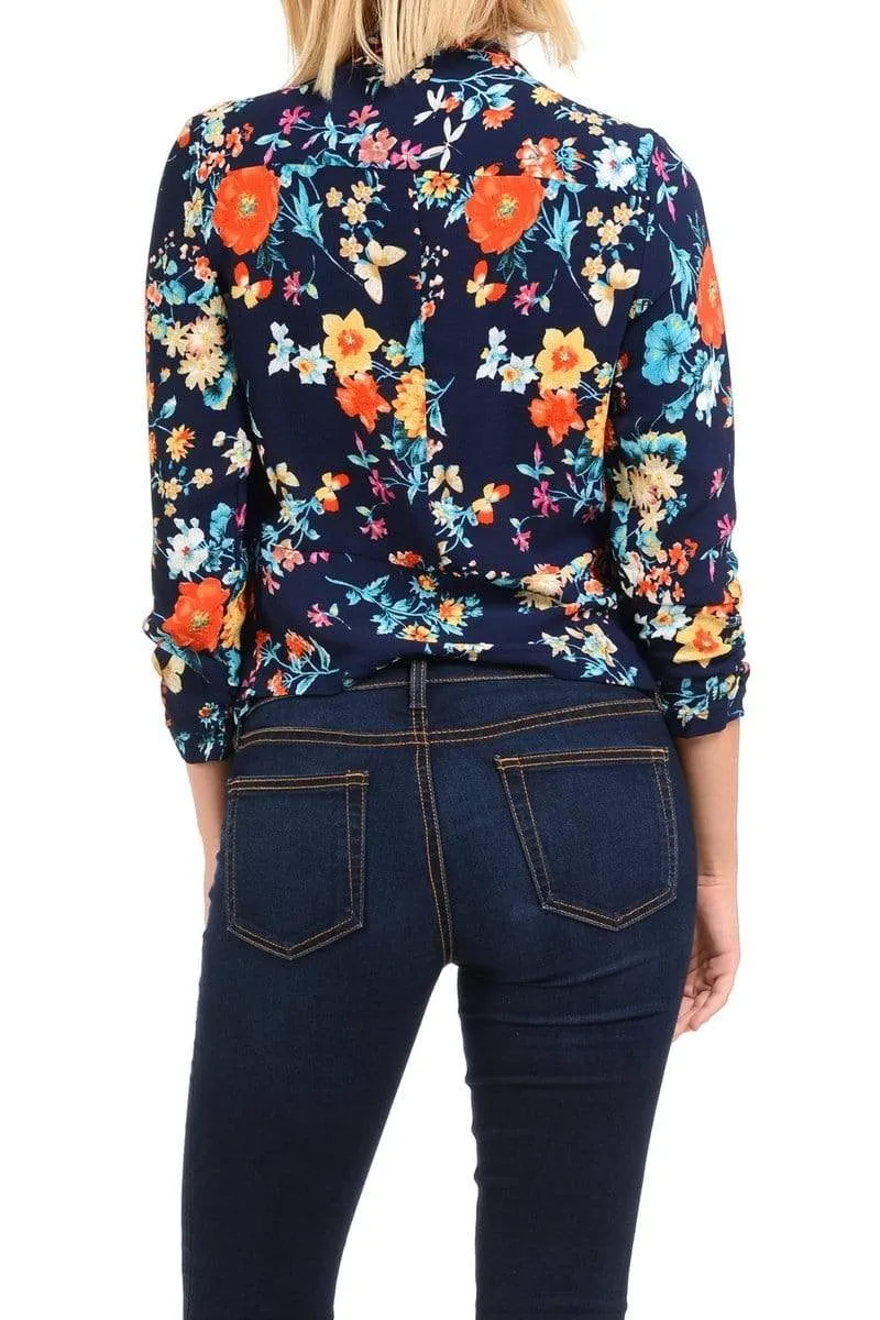 Auliné Collection Womens Casual Lightweight 3/4 Sleeve Fitted Open Blazer Floral Print Plus Size