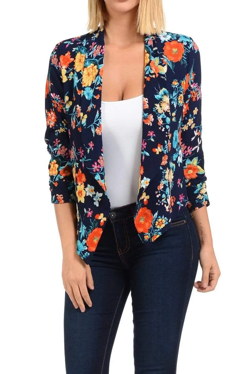 Auliné Collection Womens Casual Lightweight 3/4 Sleeve Fitted Open Blazer Floral Print Plus Size