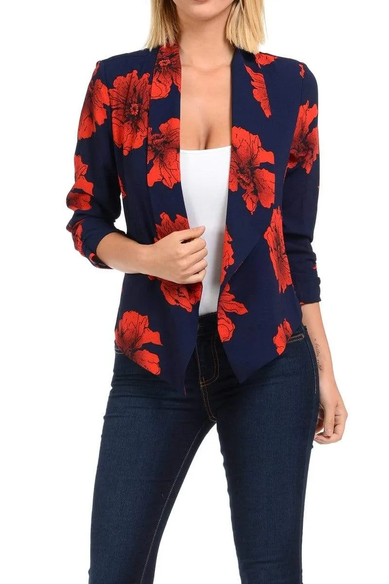 Auliné Collection Womens Casual Lightweight 3/4 Sleeve Fitted Open Blazer Floral Print Plus Size
