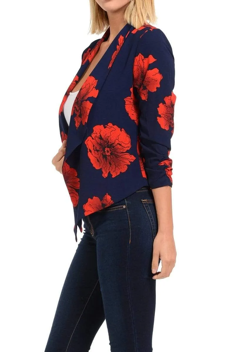 Auliné Collection Womens Casual Lightweight 3/4 Sleeve Fitted Open Blazer Floral Print Plus Size