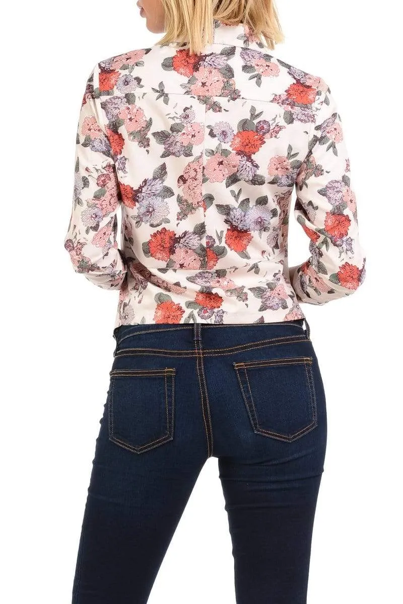 Auliné Collection Womens Casual Lightweight 3/4 Sleeve Fitted Open Blazer Floral Print Plus Size