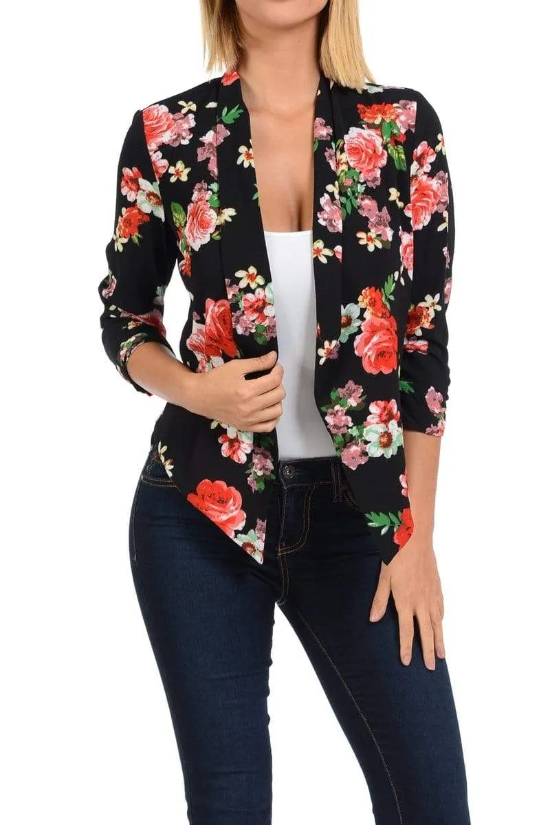 Auliné Collection Womens Casual Lightweight 3/4 Sleeve Fitted Open Blazer Floral Print Plus Size