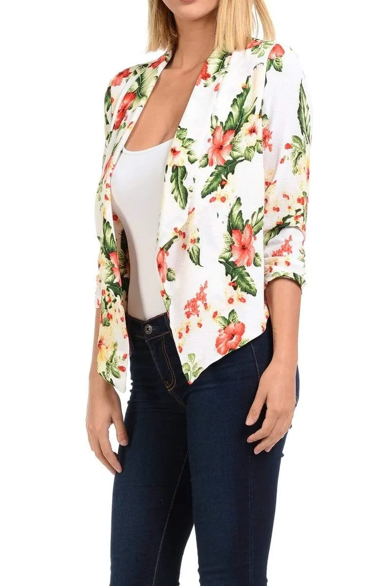 Auliné Collection Womens Casual Lightweight 3/4 Sleeve Fitted Open Blazer Floral Print Plus Size