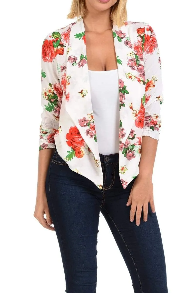 Auliné Collection Womens Casual Lightweight 3/4 Sleeve Fitted Open Blazer Floral Print Plus Size