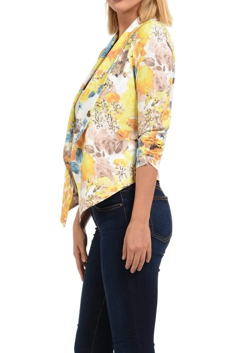 Auliné Collection Womens Casual Lightweight 3/4 Sleeve Fitted Open Blazer Floral Print Plus Size