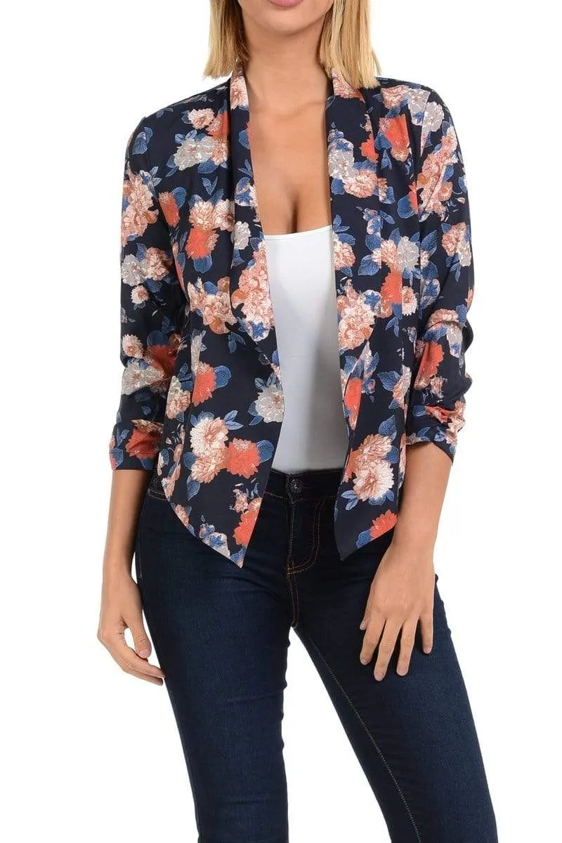 Auliné Collection Womens Casual Lightweight 3/4 Sleeve Fitted Open Blazer Floral Print Plus Size