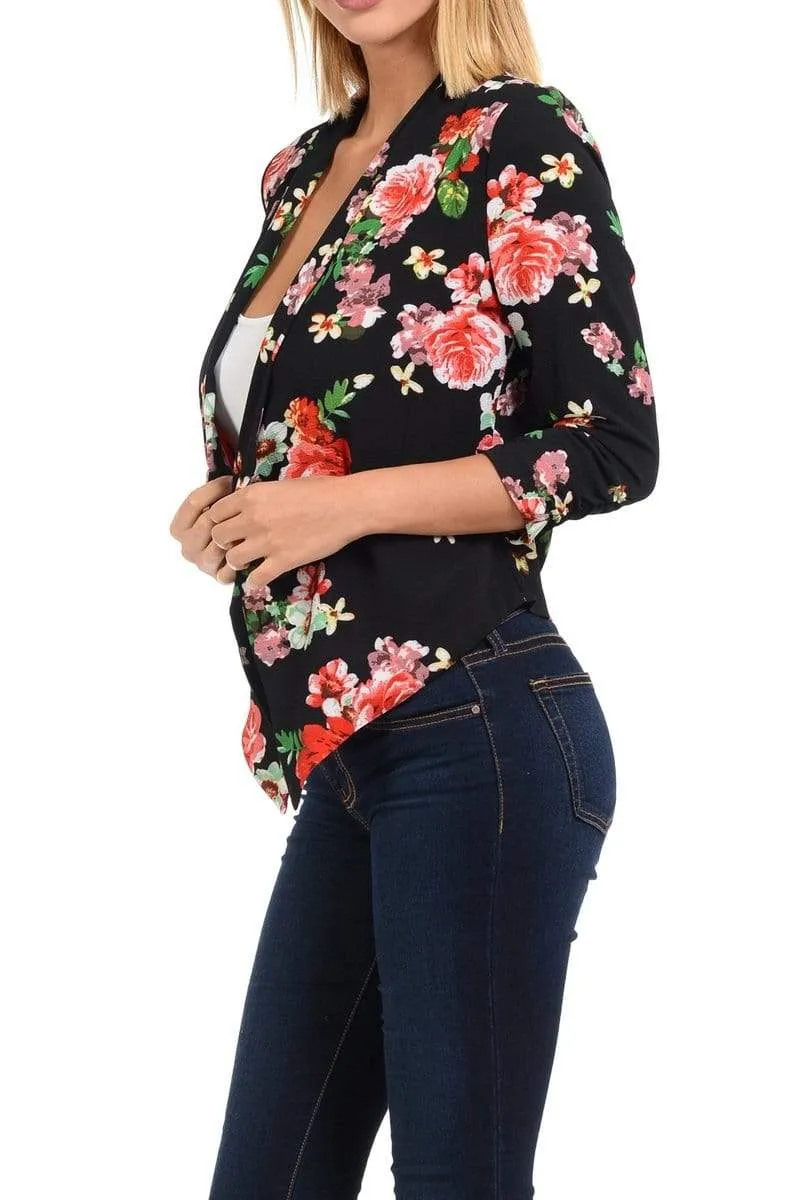 Auliné Collection Womens Casual Lightweight 3/4 Sleeve Fitted Open Blazer Floral Print Plus Size