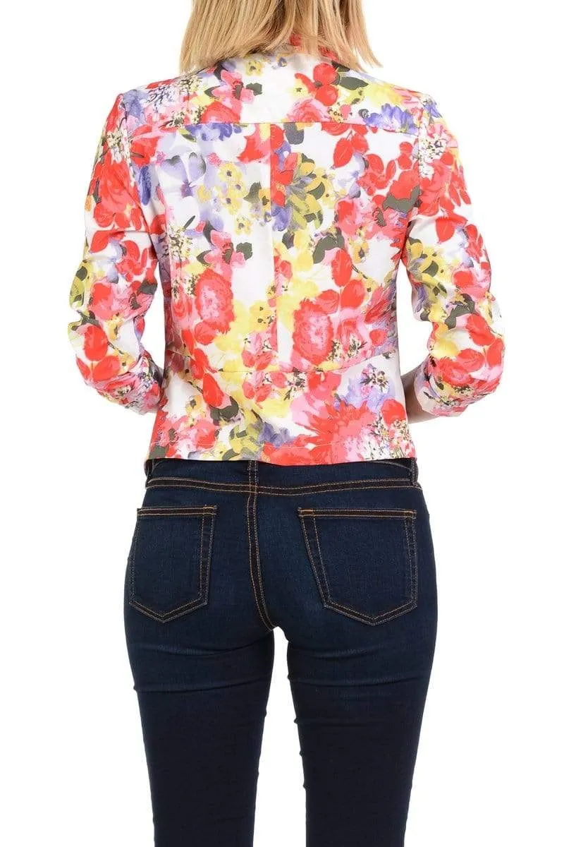 Auliné Collection Womens Casual Lightweight 3/4 Sleeve Fitted Open Blazer Floral Print Plus Size
