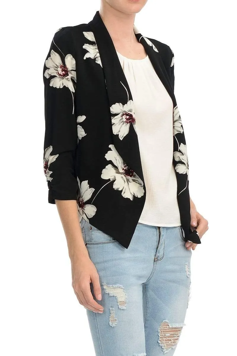Auliné Collection Womens Casual Lightweight 3/4 Sleeve Fitted Open Blazer Floral Print Plus Size