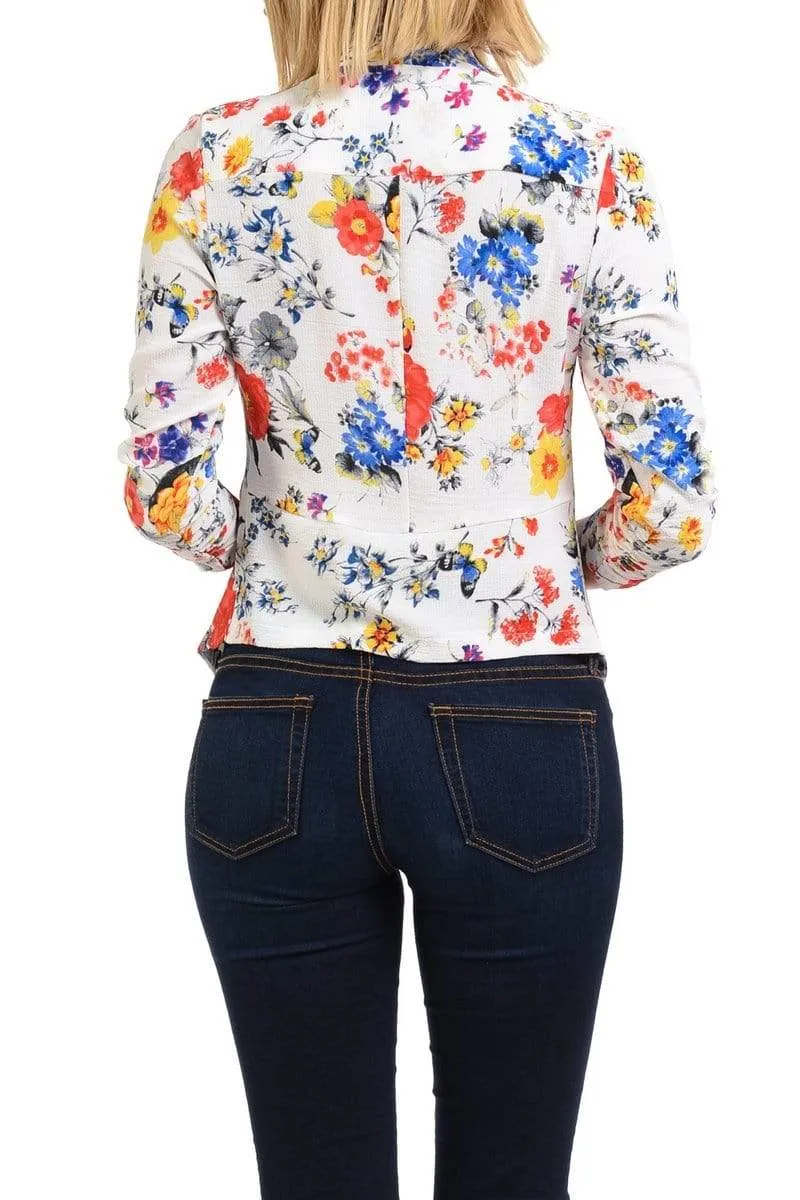 Auliné Collection Womens Casual Lightweight 3/4 Sleeve Fitted Open Blazer Floral Print Plus Size
