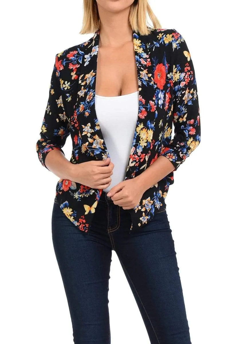 Auliné Collection Womens Casual Lightweight 3/4 Sleeve Fitted Open Blazer Floral Print Plus Size
