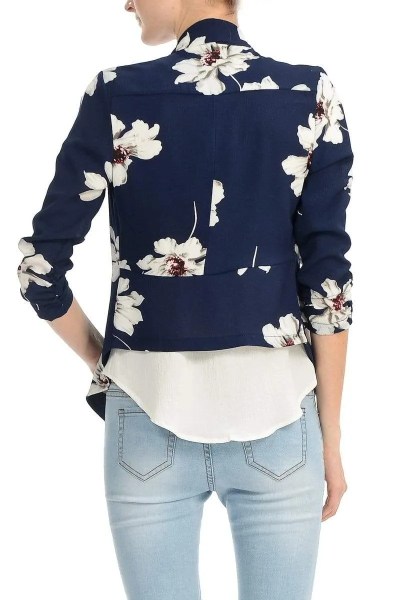 Auliné Collection Womens Casual Lightweight 3/4 Sleeve Fitted Open Blazer Floral Print Plus Size