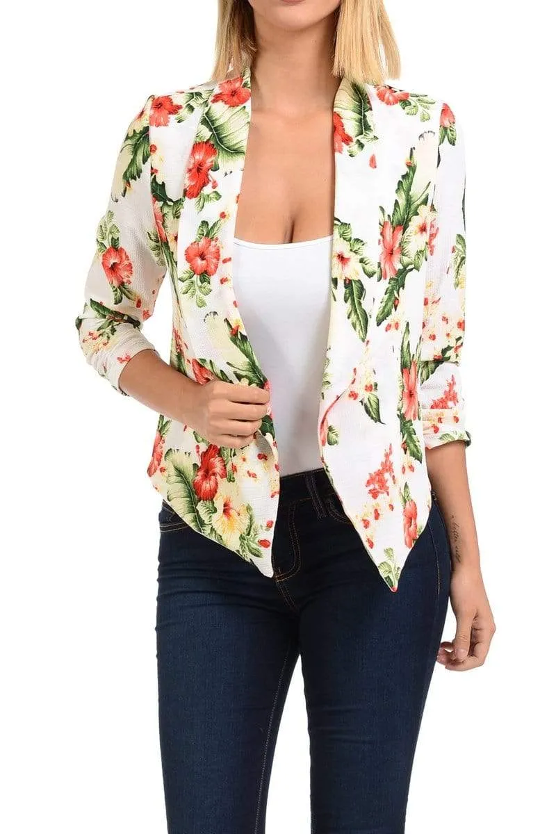 Auliné Collection Womens Casual Lightweight 3/4 Sleeve Fitted Open Blazer Floral Print Plus Size