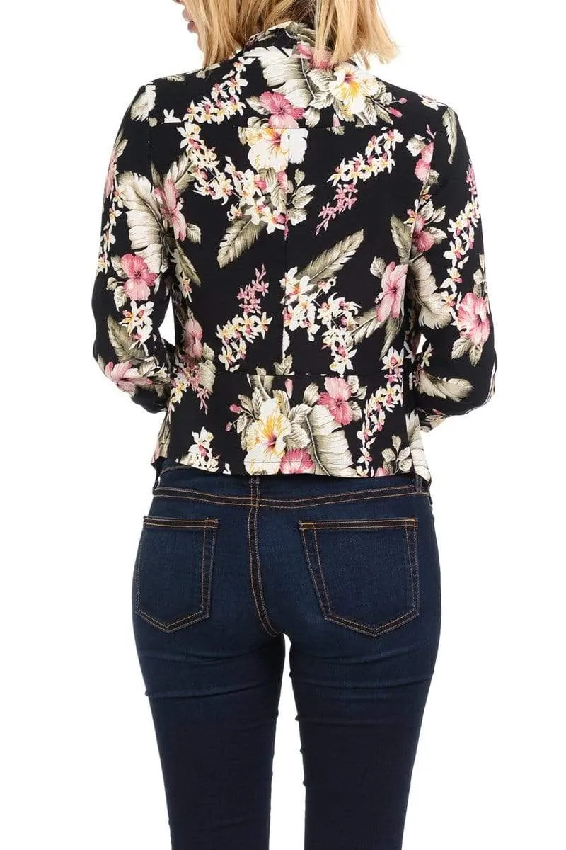 Auliné Collection Womens Casual Lightweight 3/4 Sleeve Fitted Open Blazer Floral Print Plus Size