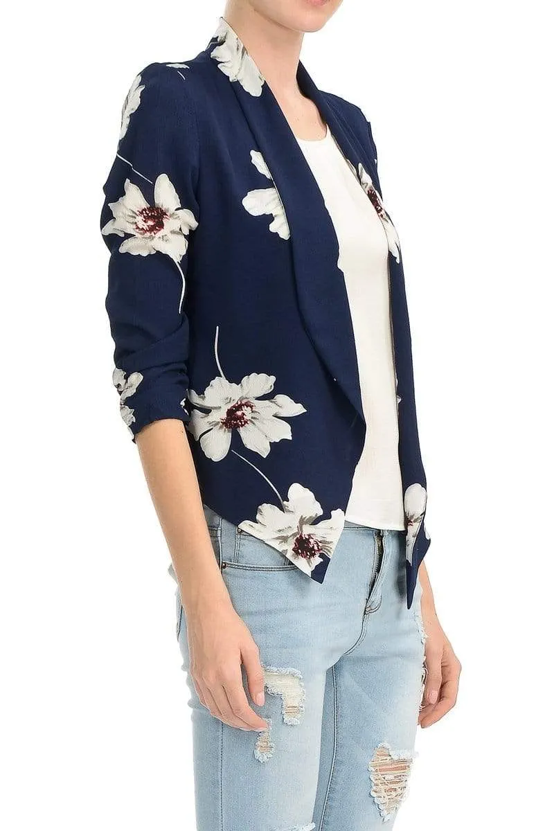 Auliné Collection Womens Casual Lightweight 3/4 Sleeve Fitted Open Blazer Floral Print Plus Size