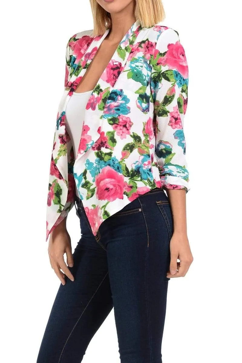 Auliné Collection Womens Casual Lightweight 3/4 Sleeve Fitted Open Blazer Floral Print Plus Size