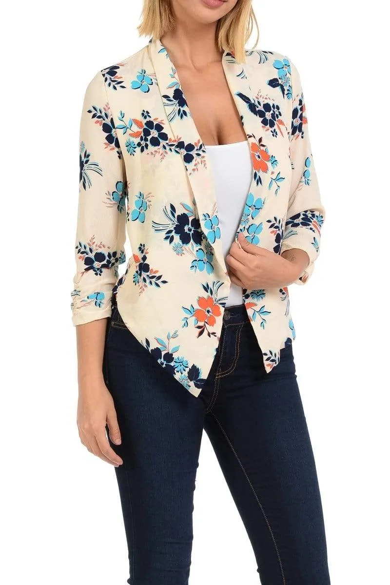 Auliné Collection Womens Casual Lightweight 3/4 Sleeve Fitted Open Blazer Floral Print Plus Size