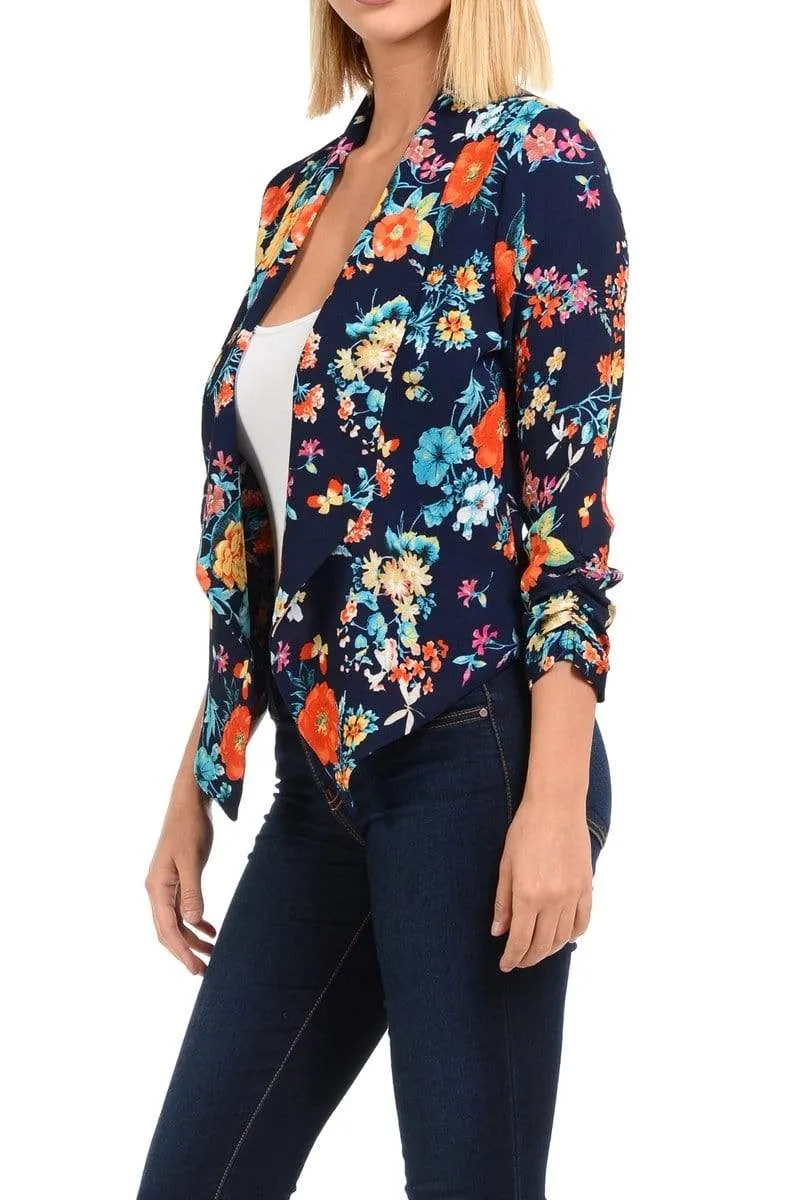 Auliné Collection Womens Casual Lightweight 3/4 Sleeve Fitted Open Blazer Floral Print Plus Size