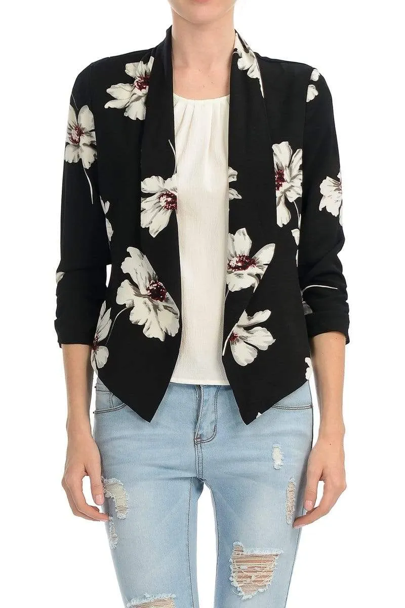 Auliné Collection Womens Casual Lightweight 3/4 Sleeve Fitted Open Blazer Floral Print Plus Size