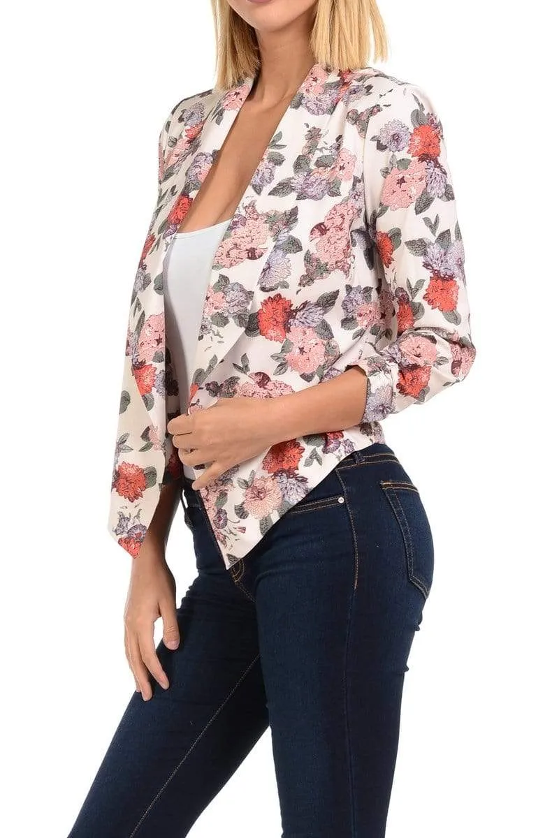 Auliné Collection Womens Casual Lightweight 3/4 Sleeve Fitted Open Blazer Floral Print Plus Size