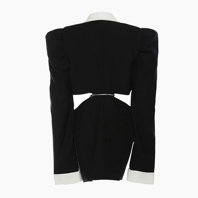 Avant Garde Contrast Lapel CutOut Zipper Waist Single Button Long Blazer