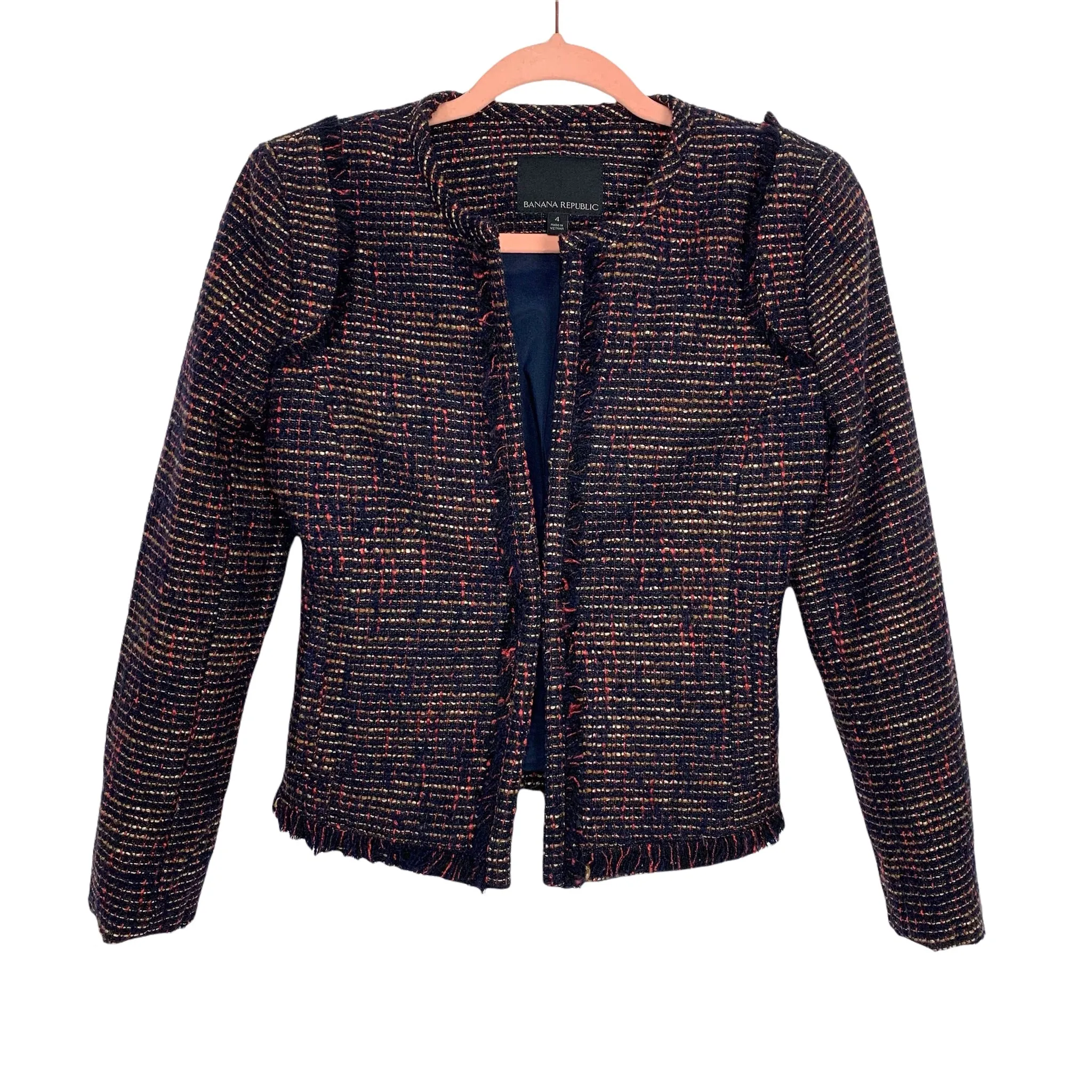 Banana Republic Navy Blue/Red Fringe Tweed Collarless Blazer- Size 4