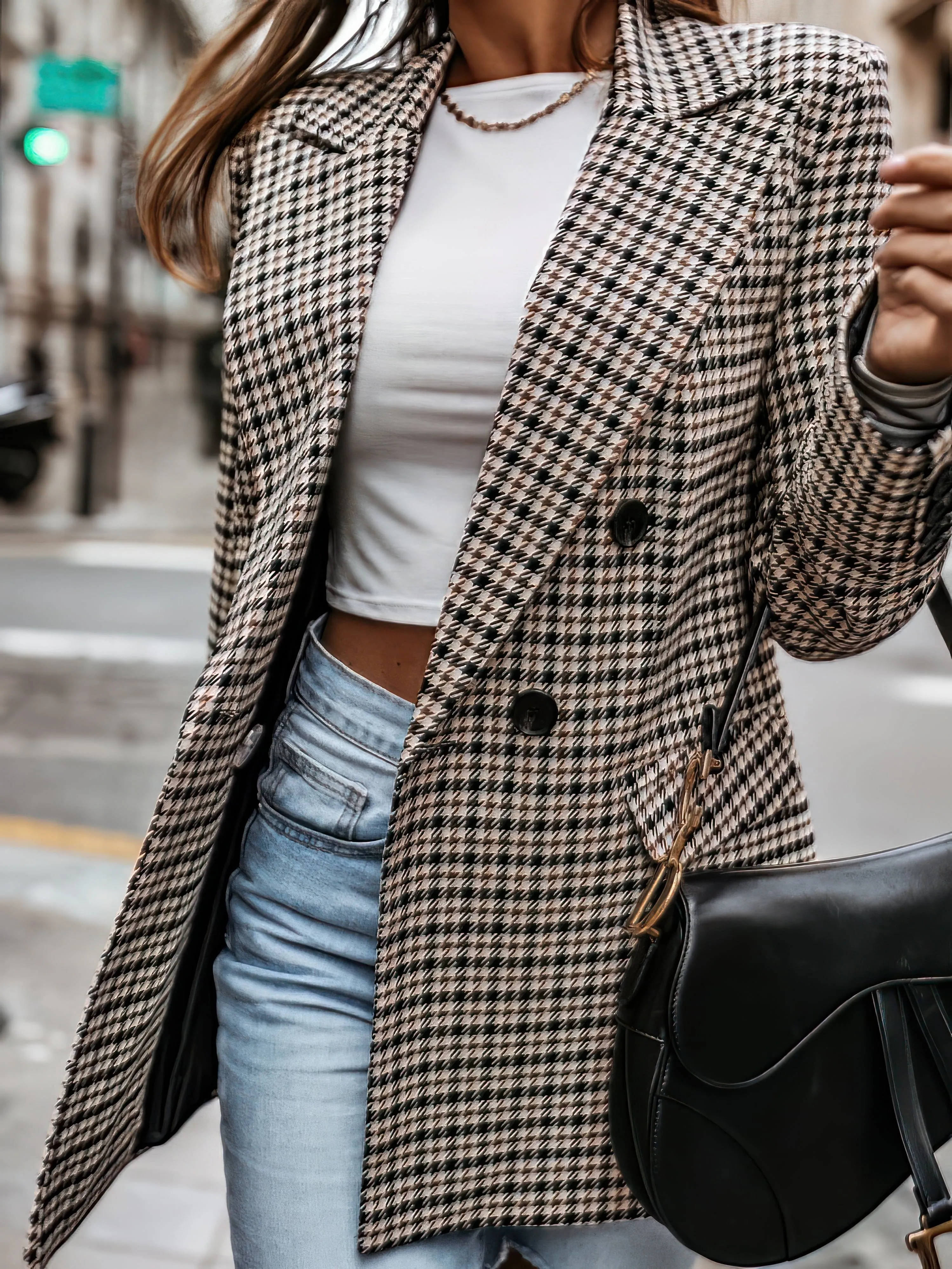 Beige and Black Checkered Blazer