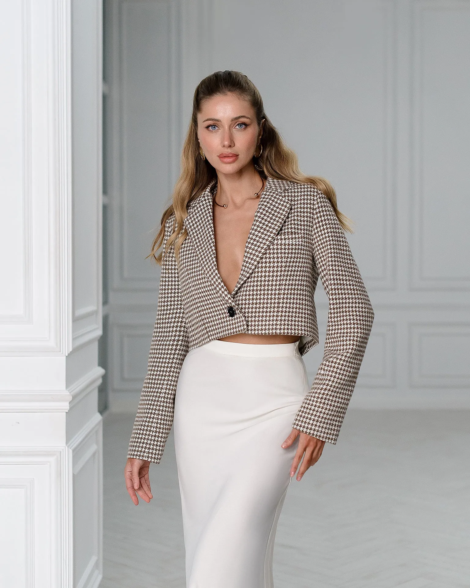 Beige Houndstooth Crop Jacket