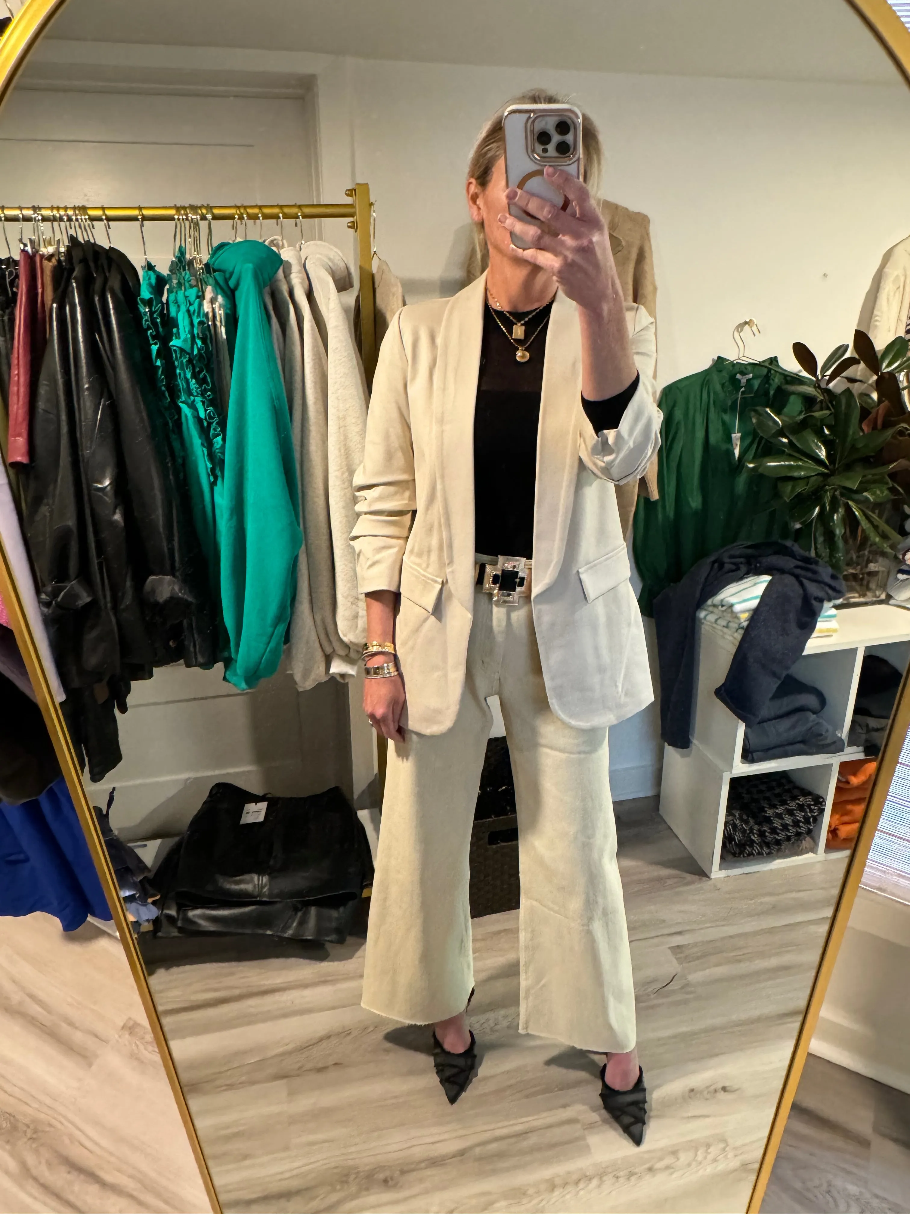 Beige Ponte Blazer with Ruched Sleeve