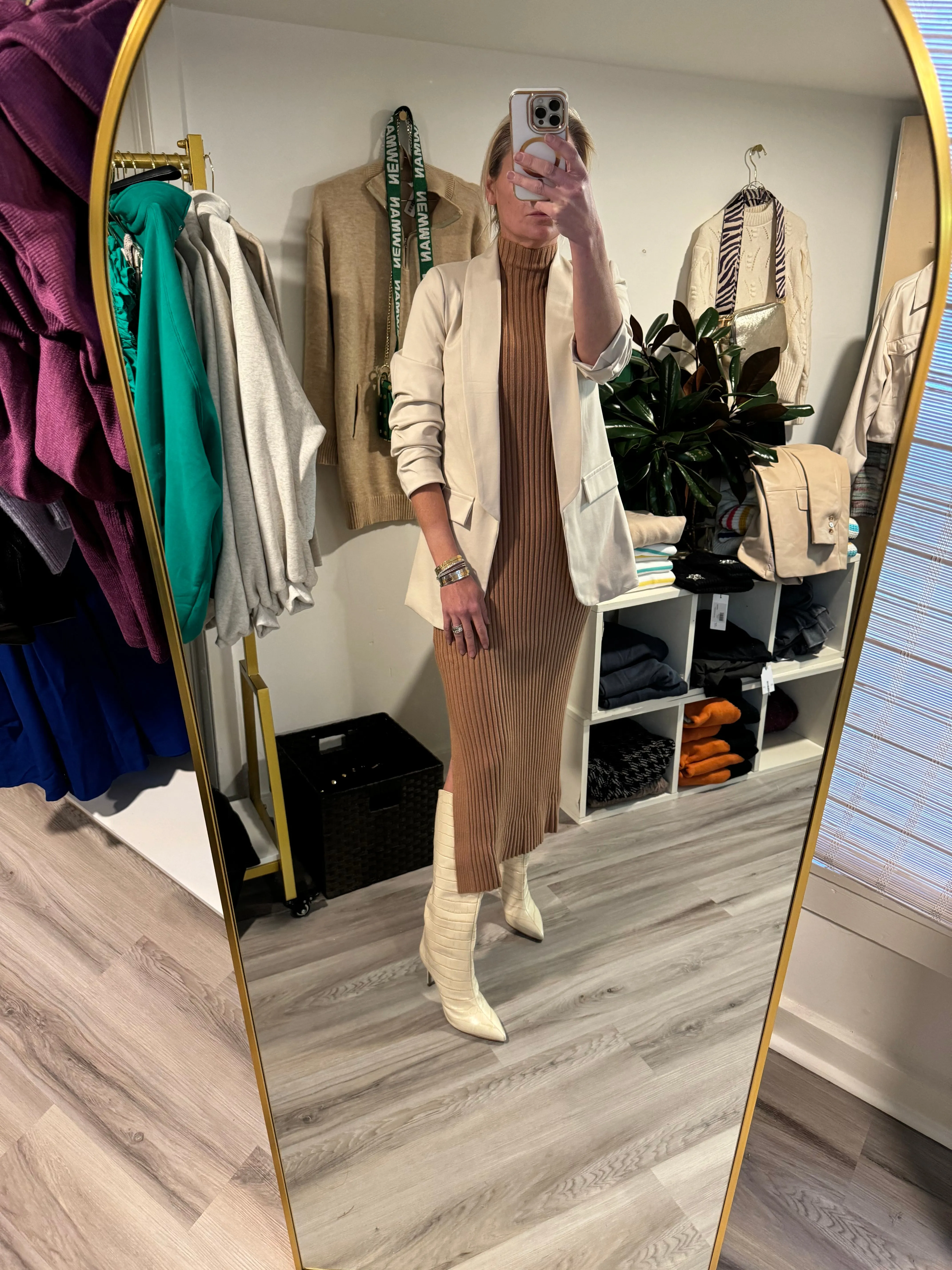 Beige Ponte Blazer with Ruched Sleeve