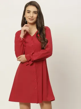 Berrylush Women Solid Red V-Neck Front Button-Up Crepe Flared Mini Shirt Dress