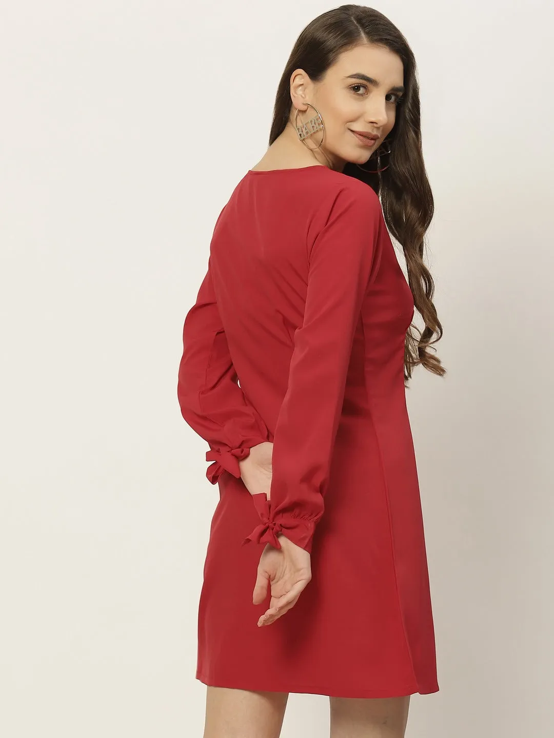 Berrylush Women Solid Red V-Neck Front Button-Up Crepe Flared Mini Shirt Dress