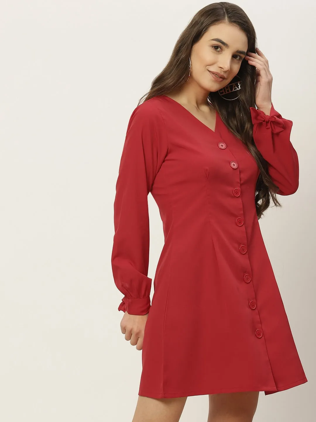 Berrylush Women Solid Red V-Neck Front Button-Up Crepe Flared Mini Shirt Dress
