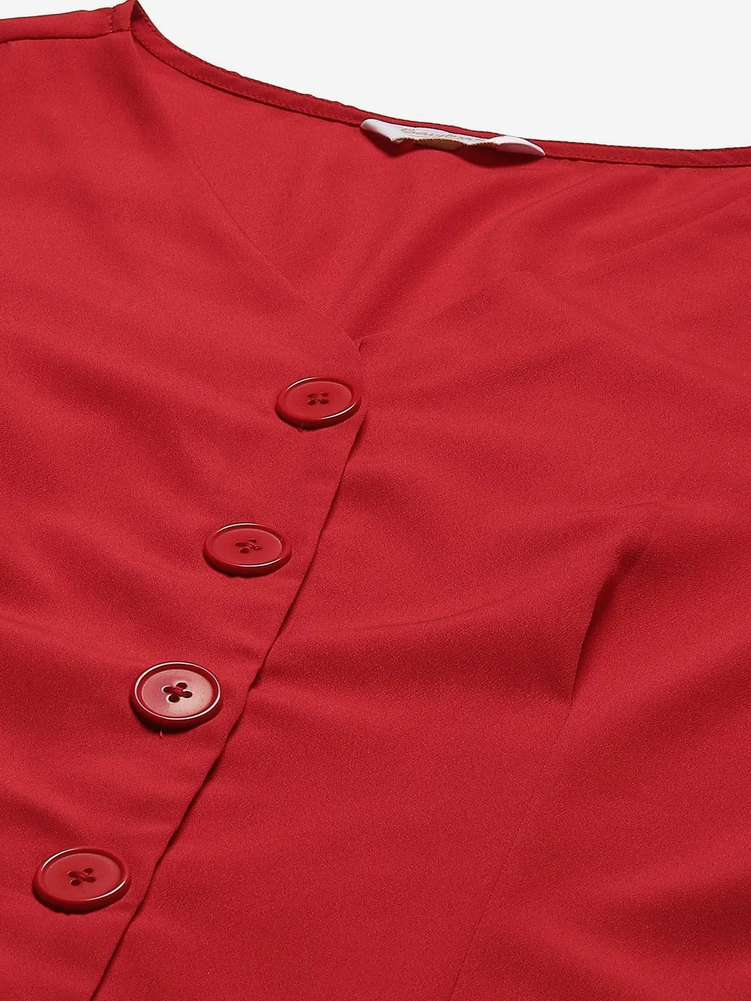 Berrylush Women Solid Red V-Neck Front Button-Up Crepe Flared Mini Shirt Dress