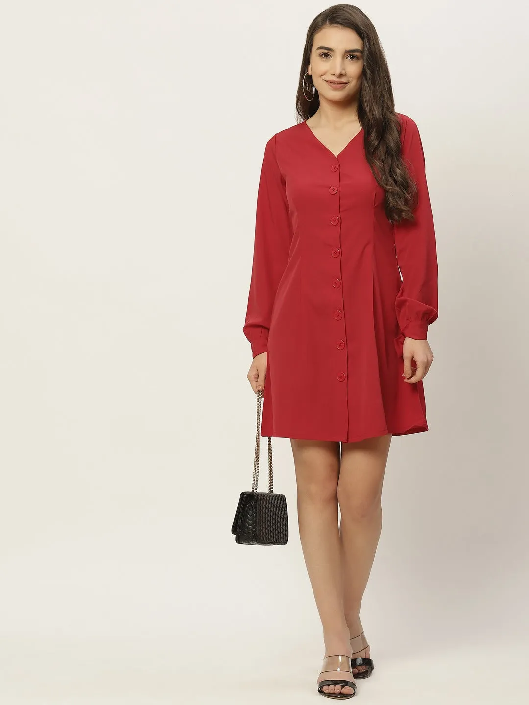 Berrylush Women Solid Red V-Neck Front Button-Up Crepe Flared Mini Shirt Dress