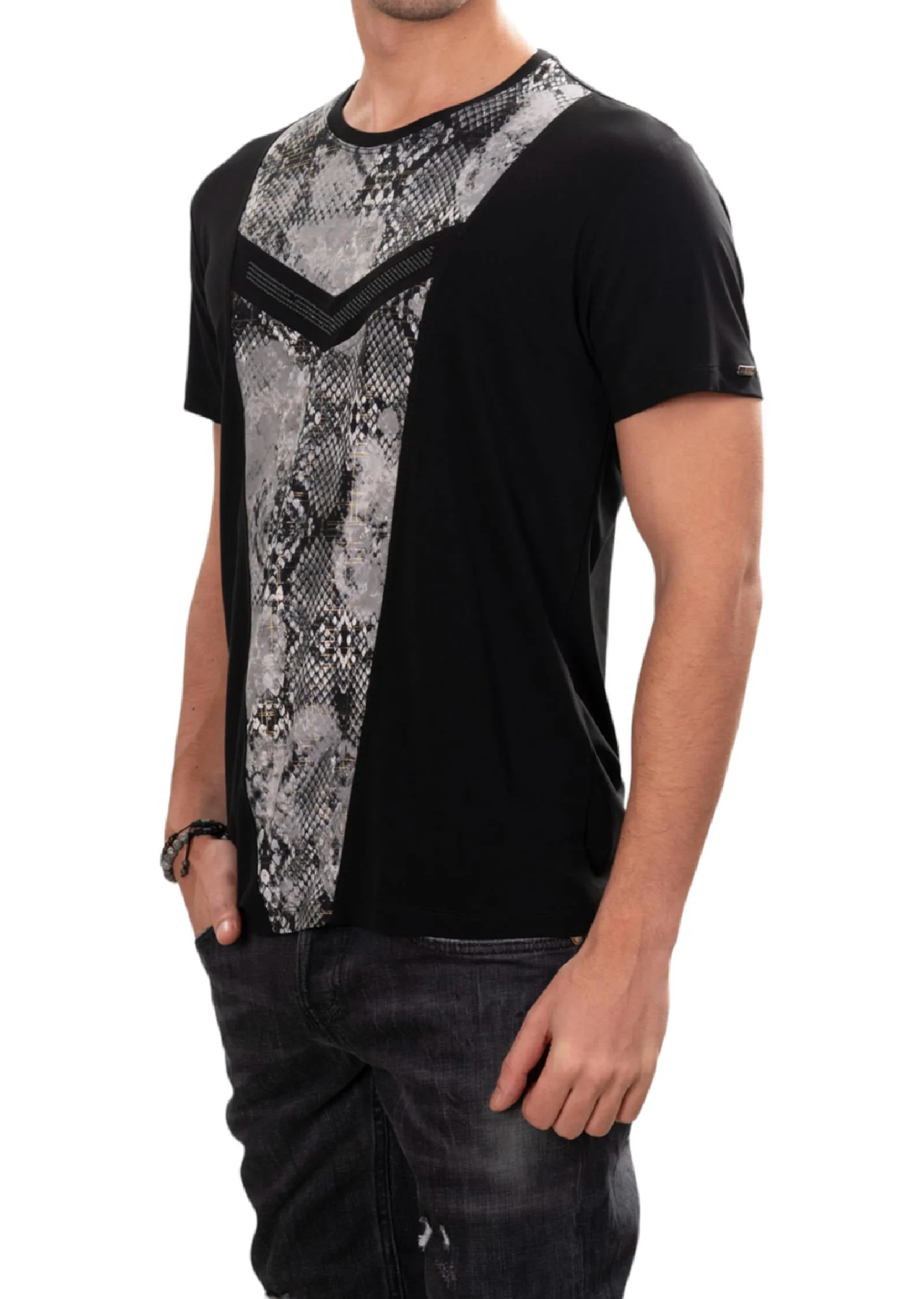 Black Beige Snake Studded Tee