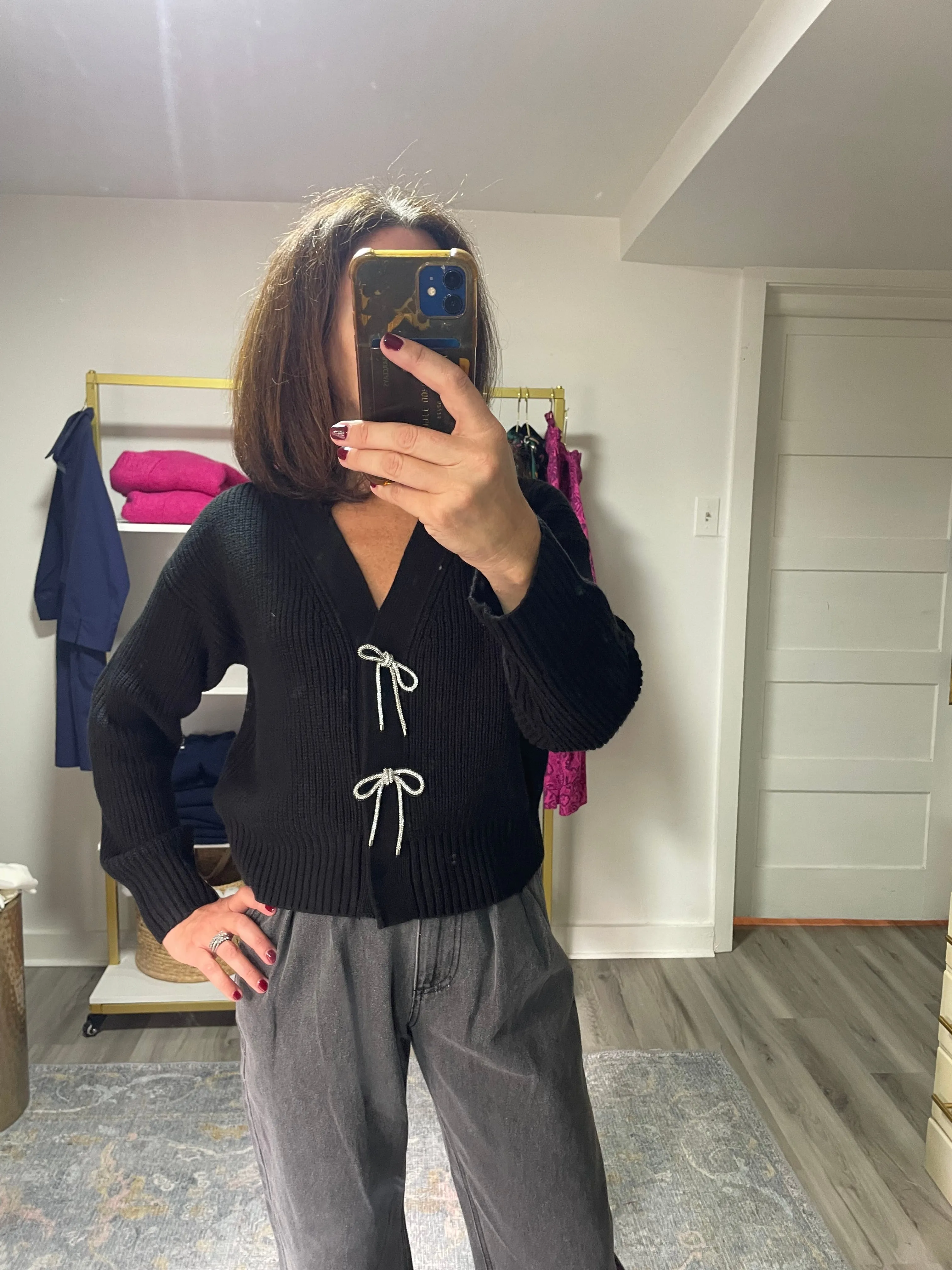 Black Cardigan with Crystal Bows